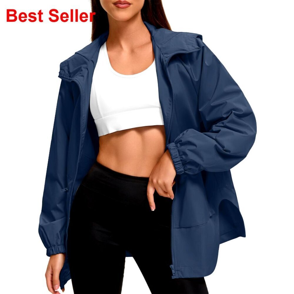 Waterproof Windbreaker Rain Jacket with Hood and Back Pockets